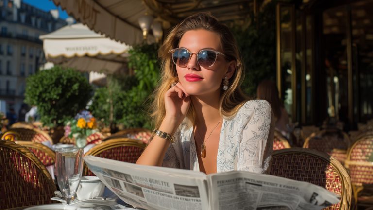 Femme élégante de 30 ans assise à la terrasse d'un café, portant des lunettes de soleil et lisant un journal.