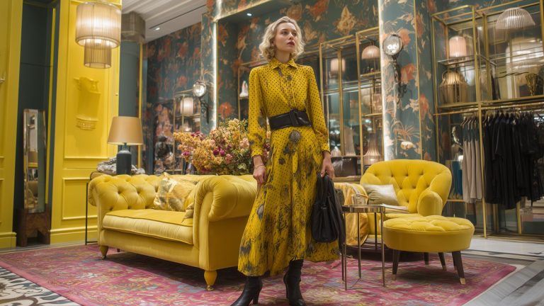 Une femme élégante dans une robe jaune vintage se tient dans un magasin de luxe avec un décor opulent.