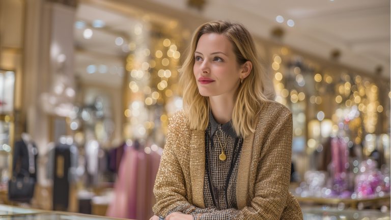 Femme élégante dans un magasin de luxe entourée de vêtements et accessoires de mode.