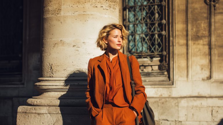 Une femme élégante en costume vintage marche dans la rue.