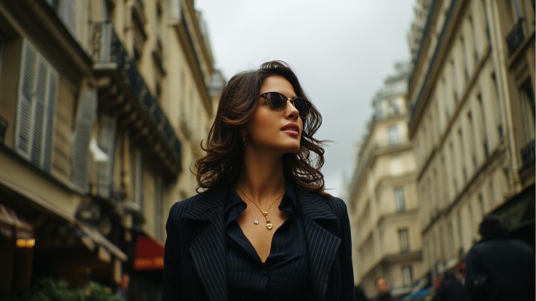Femme élégante portant un tailleur chic et des lunettes de soleil marchant dans une rue de ville.