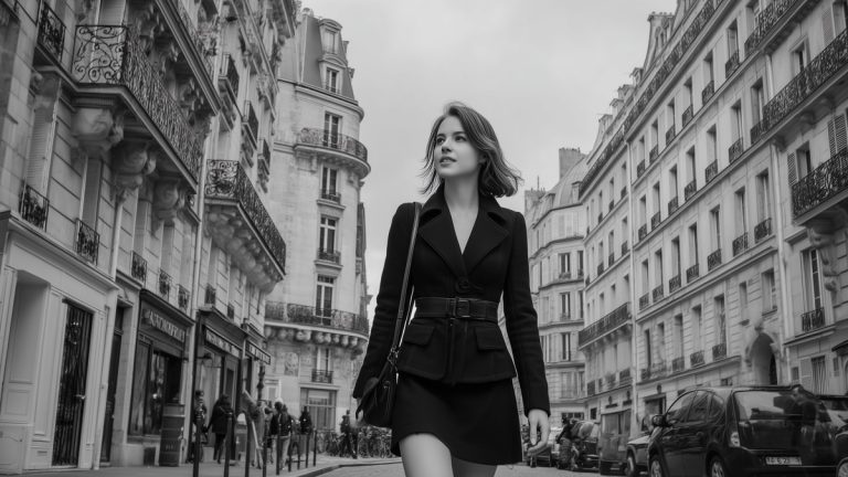 Femme élégante en robe noire marchant dans une rue parisienne bordée d'immeubles haussmanniens.