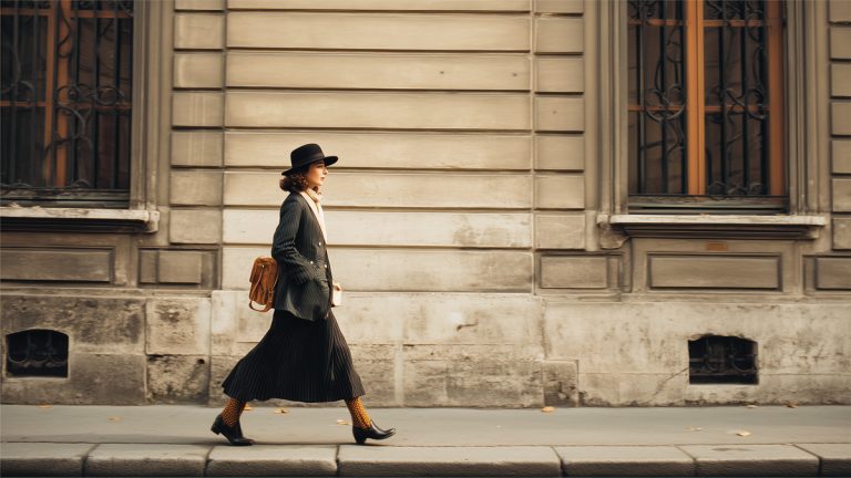 Femme élégante marchant dans une rue de Paris, portant un manteau vintage, un chapeau noir et un sac à main en cuir.