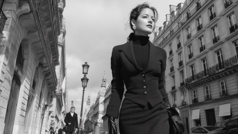 Femme élégante en tenue vintage dans les rues de Paris.